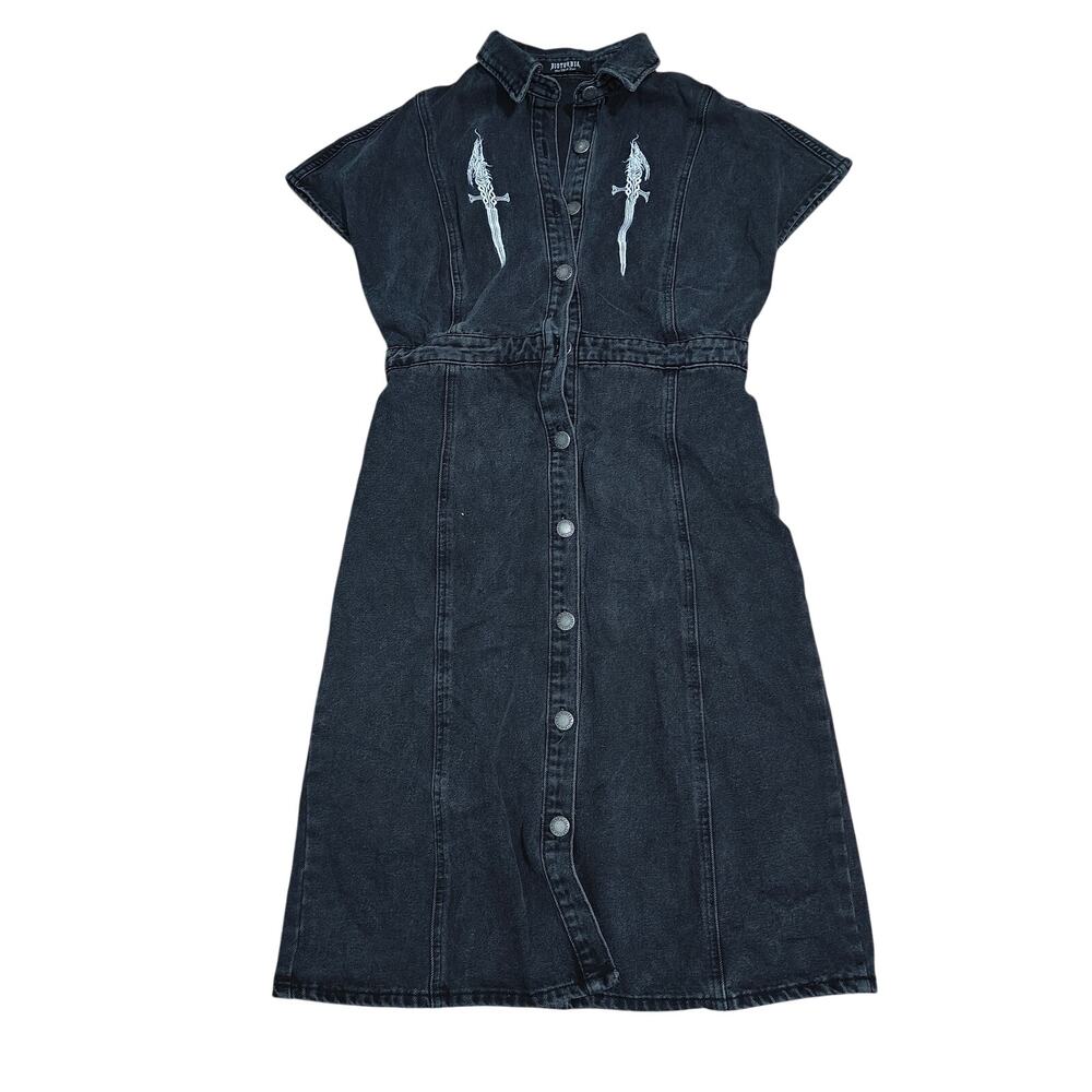 DISTURBIA Kilgharrah Denim Midi Dress Embroidered Gothic Alt Button Size 12